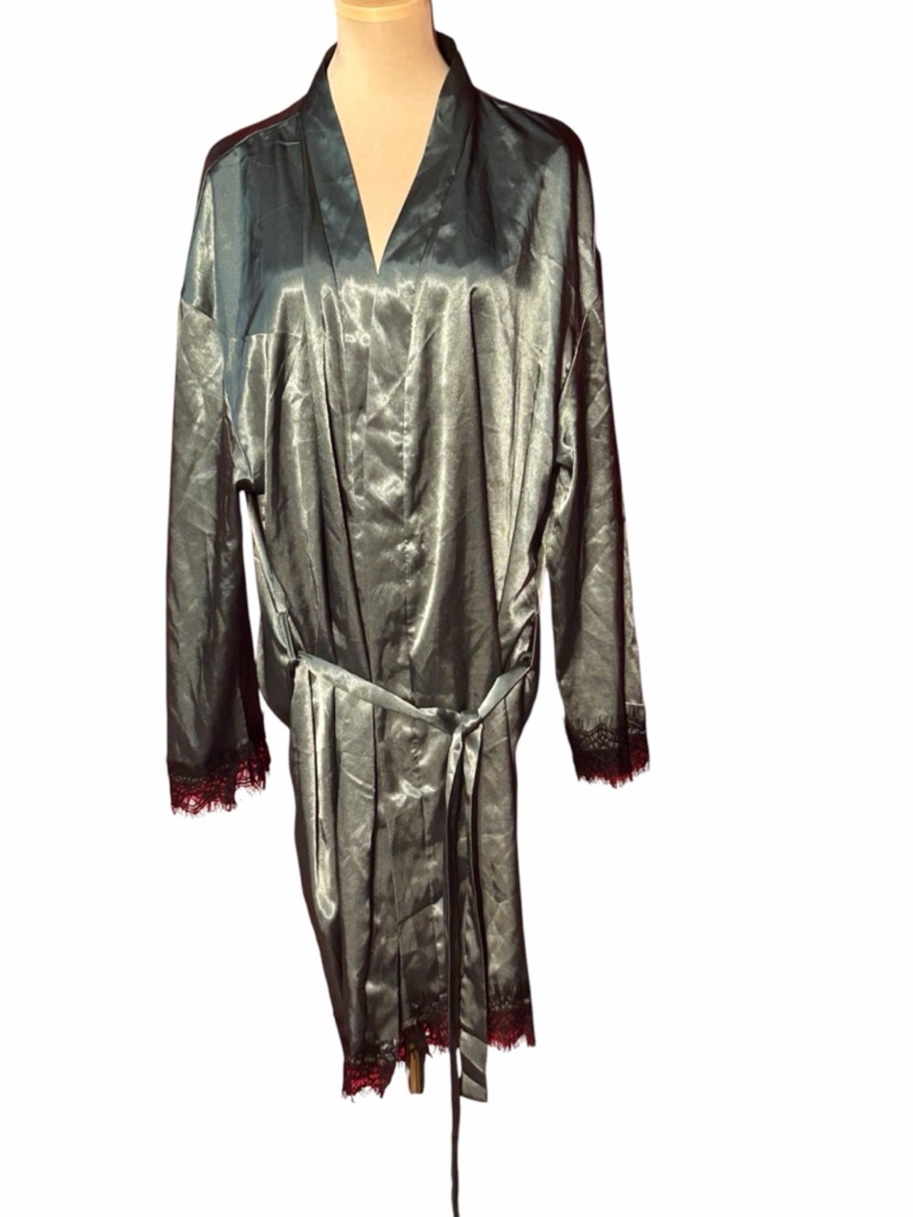 Silky Dark Green Satin Lace Trim Robe with Belt Size Medium